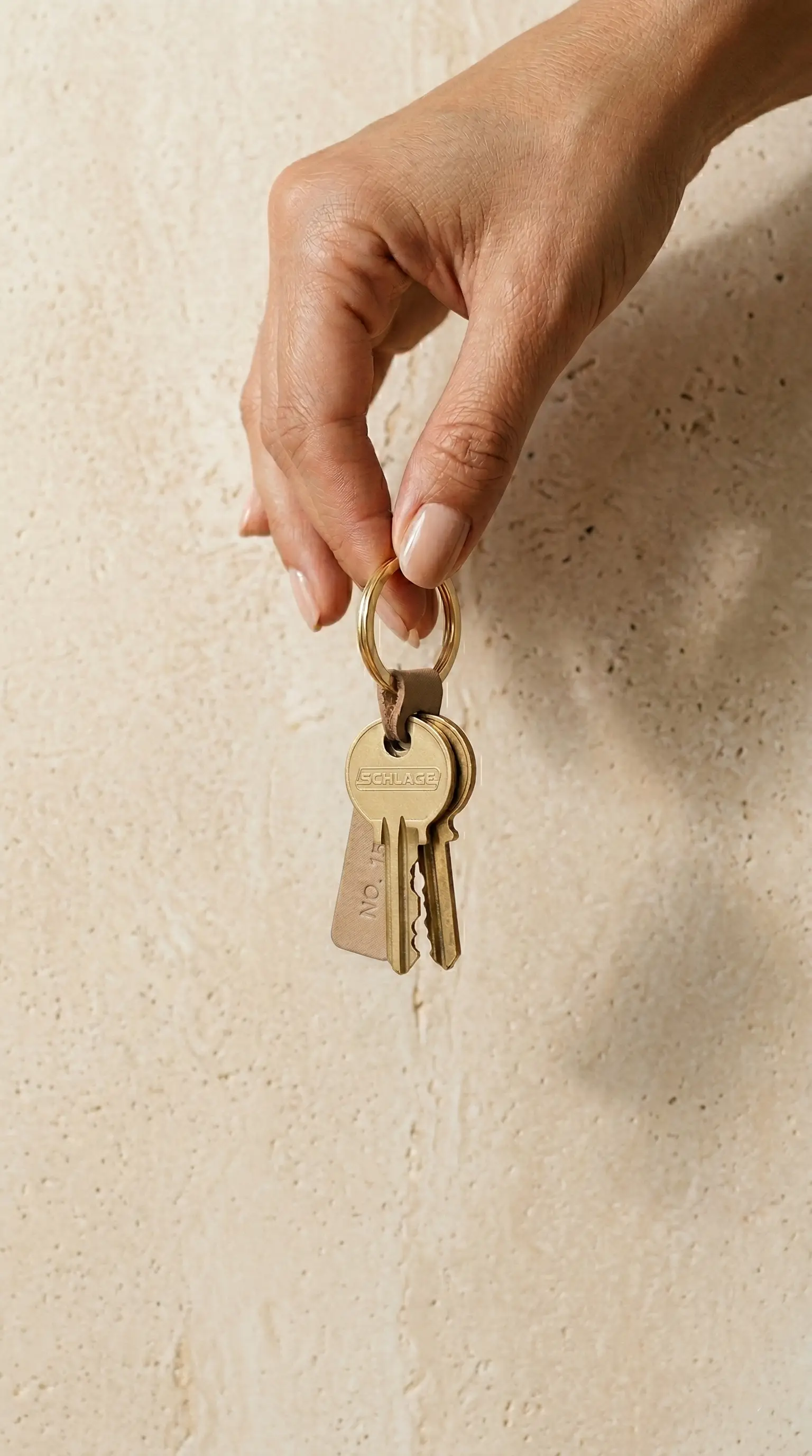 A hand holding a set of keys against a textured travertine wall.