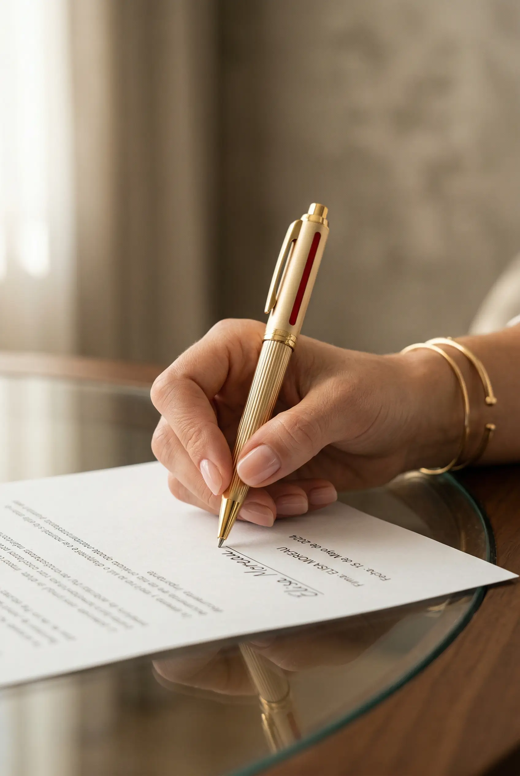 A hand signing a legal document with a gold pen on a glass table.